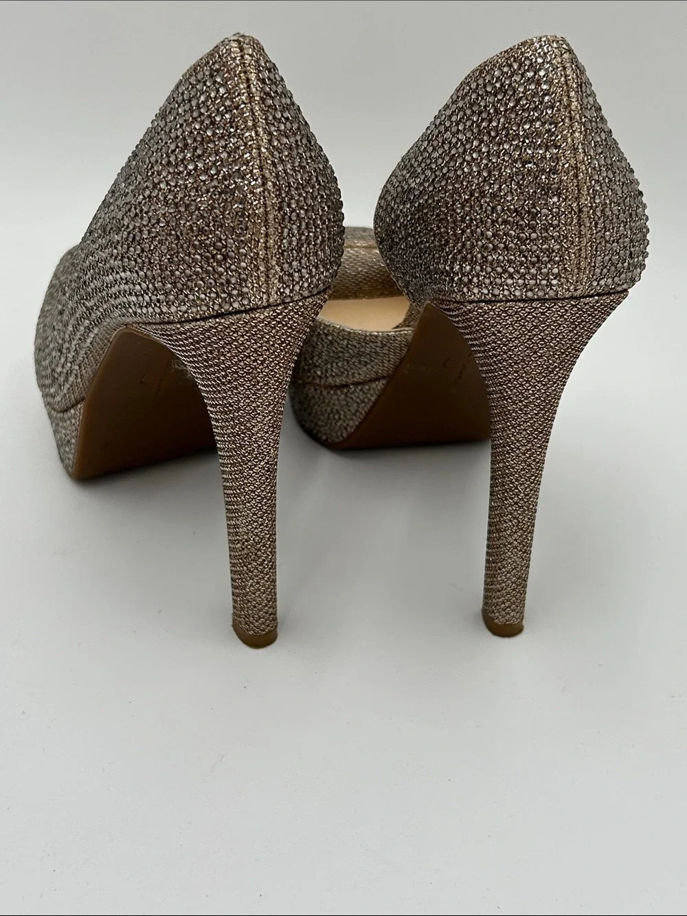 Jessica Simpson Champagne Rhinestone Glitter Peep-Toe Platform Heels Sz 8